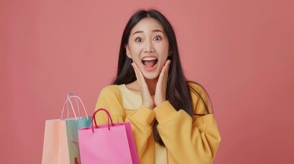 Fototapeta na wymiar Young asian women happy after new order from customer. Surprise and shock face of asian woman success on making big sale of his online store. Online Selling. Online Shopping
