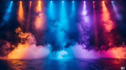 Fototapeta na wymiar Vibrant stage lights and smoke create dynamic atmosphere in empty room. Concept Stage Lighting, Smoke Effects, Dynamic Atmosphere, Empty Room, Vibrant Ambiance