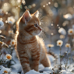 Amidst the delicate daisies and falling snowflakes, a young ginger kitten is enveloped by the enchanting golden glow of the setting sun.