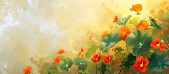 This painting showcases bright orange nasturtium flowers with delicate green leaves against a sunny background, capturing the colors of summer in a graceful and vibrant composition.