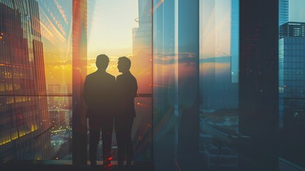 Back view silhouettes of two business partners looking thoughtfully out of a office window in situation of bankruptcy,team of businesspeople in fear or risk watching cityscape from skyscraper