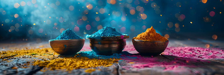 Vibrant powdered colors in bowls on a blue textured background, 
 - obrazy, fototapety, plakaty