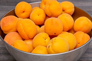 Selecting the apricots and placing them in a bowl to be weighed for homemade jam
