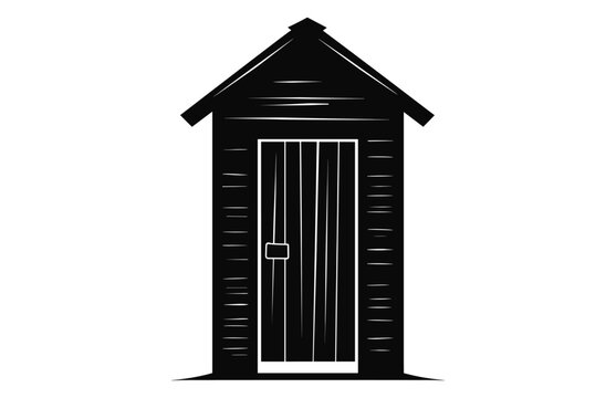 Wooden old outhouse silhouette vector, Wooden toilet, Village restroom black silhouette isolated on a white background