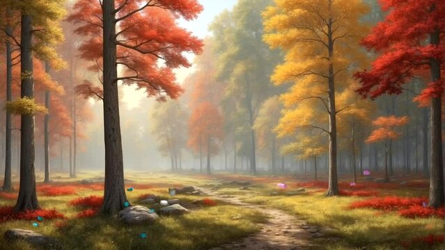 Beautiful scenery of colorful flowers and leaves, butterflies dancing, in spring, in the forest morning Seamless looping 4k time-lapse animation video background