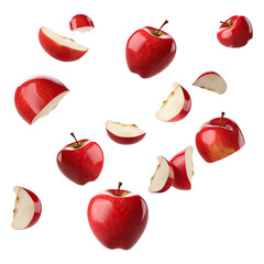  Red apples and apple slices floating in the air, isolated on transparent background. generative ai.  - obrazy, fototapety, plakaty