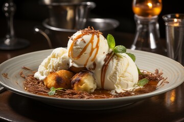 Chocolate ice cream dessert presentation in cozy cafe setting for food photography