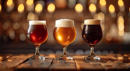 Glasses of lager and stout and red amber beer on wooden table and large pub background.Marco.AI Generative.