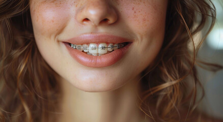 Mouth teeth with braces and cute smile of beautiful woman.Marco.AI Generative.