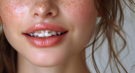 Fototapeta premium Mouth teeth with braces and cute smile of beautiful woman.Marco.AI Generative.