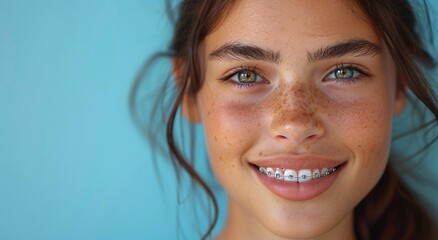 Happy young woman with braces and beautiful smile on blue background.Marco.AI Generative. - obrazy, fototapety, plakaty