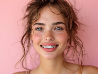 Happy young woman with smile showing teeth with braces after dental treatment visit on pink background.Marco.AI Generative. - obrazy, fototapety, plakaty
