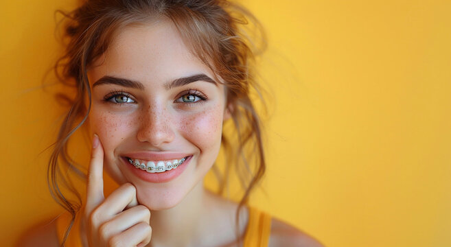 Happy young woman with braces and beautiful smile on yellow background.Marco.AI Generative.
