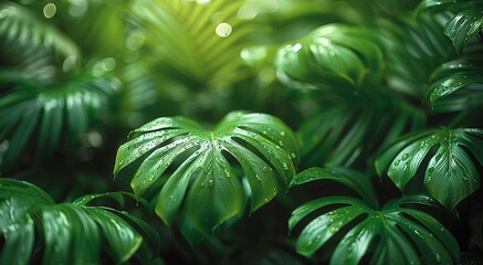 Green leaves with water rain drops in tropical exotic forest in summer day.Macro.AI Generative.