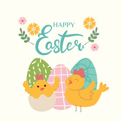 Happy Easter banner, poster, greeting card. Trendy Easter design with lettering, flowers, eggs and little chicks, in pastel colors on beige background. Flat vector illustration.