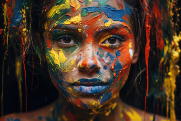 Close-up of a woman's face artistically covered in thick, vibrant paints of yellow, blue, red, and green, giving a wild and expressive look.