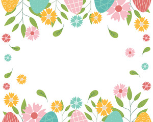 Hand sketched background, vector illustration for Easter. Borders with leaves, eggs and flowers for greeting card, invitation template. Retro, vintage lettering banner, poster, background.
