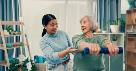 Senior care, help and physiotherapist with old woman, dumbbell and healthcare for fitness. Physio, rehabilitation and retirement with training, caregiver with elderly patient for mobility exercise