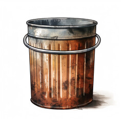 illustration of a metal rustic trash can, laying on floor, Front view, Against white back ground сreated with Generative Ai