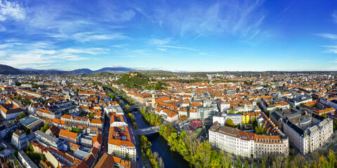 Panorama view of Graz city in Austria with the historic city centre and the Schloßberg hill