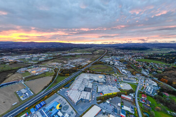 Lieboch, Austria - November 17, 2023: Aerial view of commercial area and shopping city in Lieboch