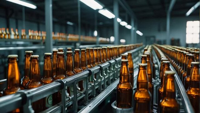 glass beer bottles on a conveyor belt