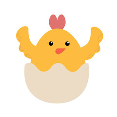 Easter little chick cartoon character isolated on white background. Trendy Easter design. Flat vector illustration for poster, icon, card, logo, label.