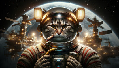 A cat astronaut with a cigar navigates the cosmos against a backdrop of a space station