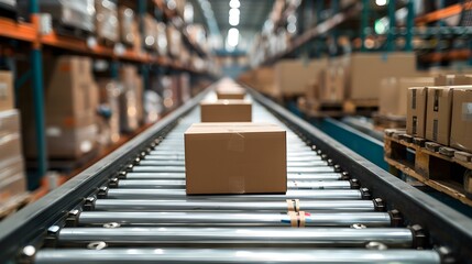 Ecommerce startup packages on the move in warehouse conveyor system. Concept Ecommerce Packaging, Warehouse Automation, Conveyor Systems, Technology in Logistics, Startup Innovation