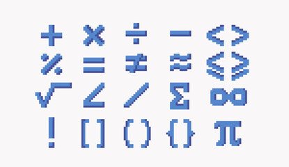 Obraz premium Arithmetic pixel art set. Calculation symbols collection. 8 bit. Game development, mobile app. Isolated vector illustration. Cross stitch pattern.