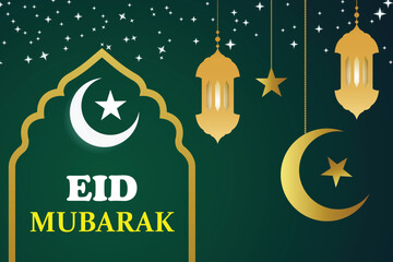 Eid Mubarak Ramadan islamic background with lantern crescent moon stars and mandala pattern golden color islamic greetings. Ramadan Mubarak Islamic festival decor Holy Month celebration banner.