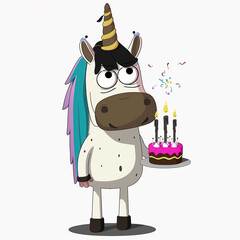 Cute Unicorn holding birthday cupcake pony cartoon pastel background: Series fairy tale characters kawaii animals horse (flat Girly doodles). Perfect Nursery children, kids, greeting card,baby.