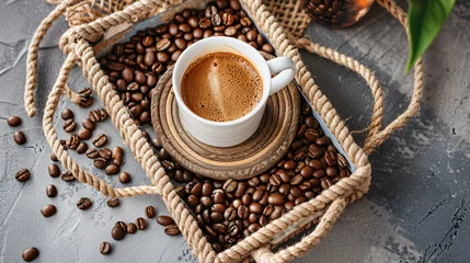 Keuken spatwand met foto White coffee cup on coffee beans on a tray © UsamaR