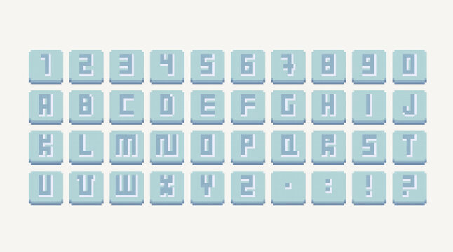 Pixel art font. 8 bit English alphabet. Game development, mobile app type. Isolated vector illustration. Cross stitch pattern.