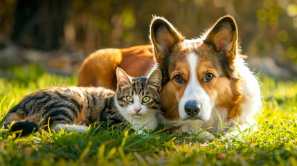 Cat and dog in the garden on a sunny day