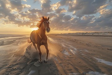 In a tranquil scene, a brown horse stands on the beach, gazing towards the ocean under the vibrant hues of a setting sun, embodying peace and harmony with nature - obrazy, fototapety, plakaty