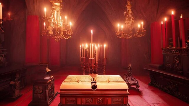 An old gothic vampire Transylvanian castle of Dracula, lined with victorian furnishings and coffins, is illuminated by candlesticks to create a spooky horror game setting. 3D illustration