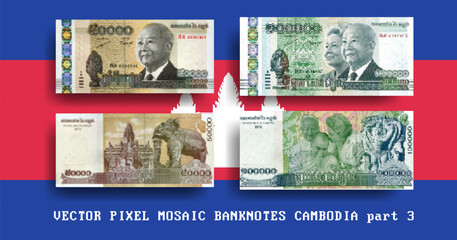 Vector set pixel mosaic banknotes of Cambodia. Collection notes of 50000 and 100000 riels denomination. Obverse and reverse. Play money or flyers. Part 3 - obrazy, fototapety, plakaty