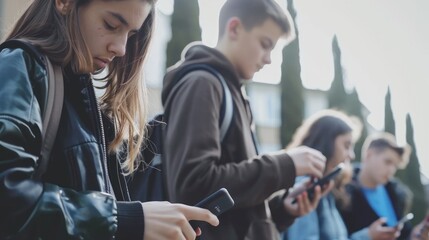 Group of young people using smart mobile phone device outside