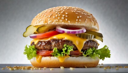 A delicious-looking burger on a white background. 
