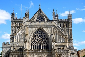 View of the top of the Cathedral (Cathedral Church of Saint Peter in Essex), Exeter, Devon, UK, Europe. - 749302563