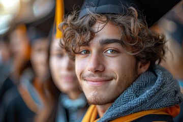 Obraz premium Young Student Poses Proudly in Front of University School, Ready to Conquer the Future