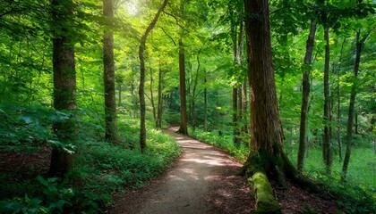 Naklejka premium A lush green forest bathed in dappled sunlight