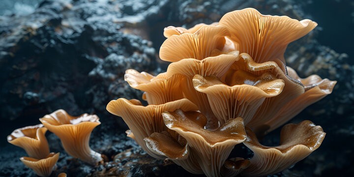 Macro Shot of Fresh Oyster Mushrooms, Closeup on the clouded agaric or cloud funnel mushroom,
