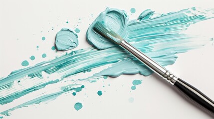Paintbrush with dripping aqua blue paint isolated over white background.