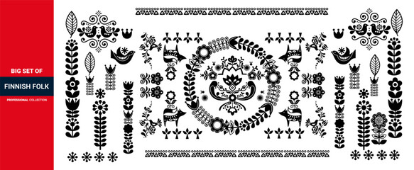 floral folk elements in Scandinavian style, Scandinavian floral folk art vector red design set with flowers.