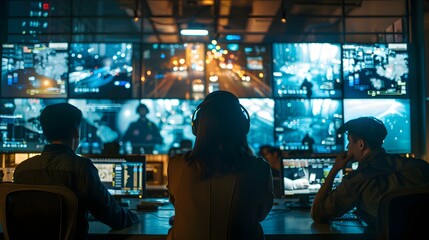 Team of security professionals monitoring video wall for safety and emergencies in office. Concept Video Monitoring, Security Professionals, Emergency Response, Office Safety, Team Collaboration