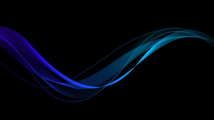 Abstract blue green wave lines flowing on black background. Dynamic gradient light wave design. Vector