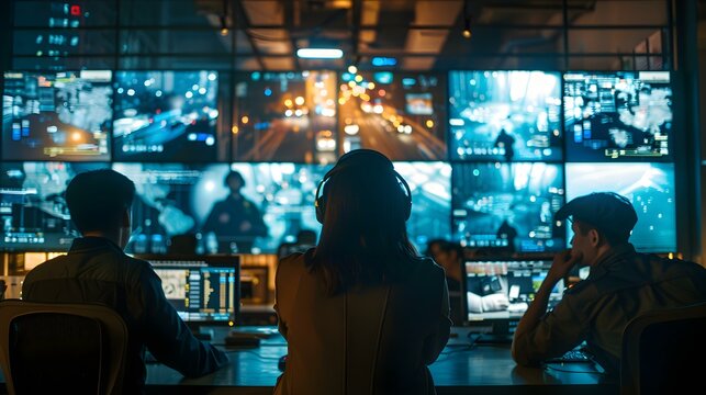 Team of security professionals monitoring video wall for safety and emergencies in office. Concept Video Monitoring, Security Professionals, Emergency Response, Office Safety, Team Collaboration