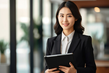 Obraz premium Confident Asian businesswoman smiling with digital tablet in a modern office setting.